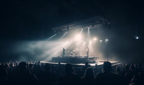 En konsert med scenljus och mycket publik