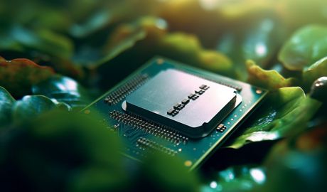 En processor med gröna löv runtomkring sig