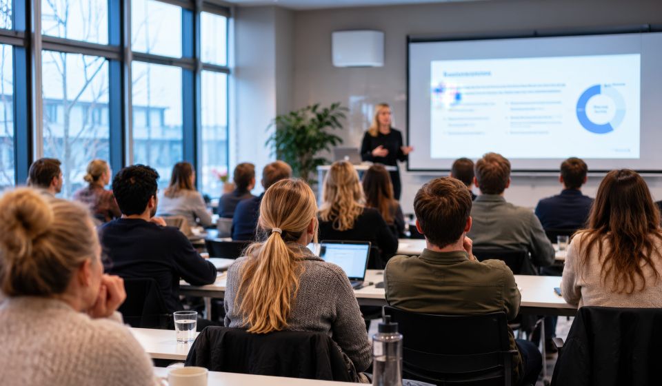 kursdeltagare tittar på lärare i klassrum