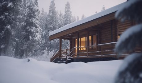 En mysig stuga i branäs med snö på taket