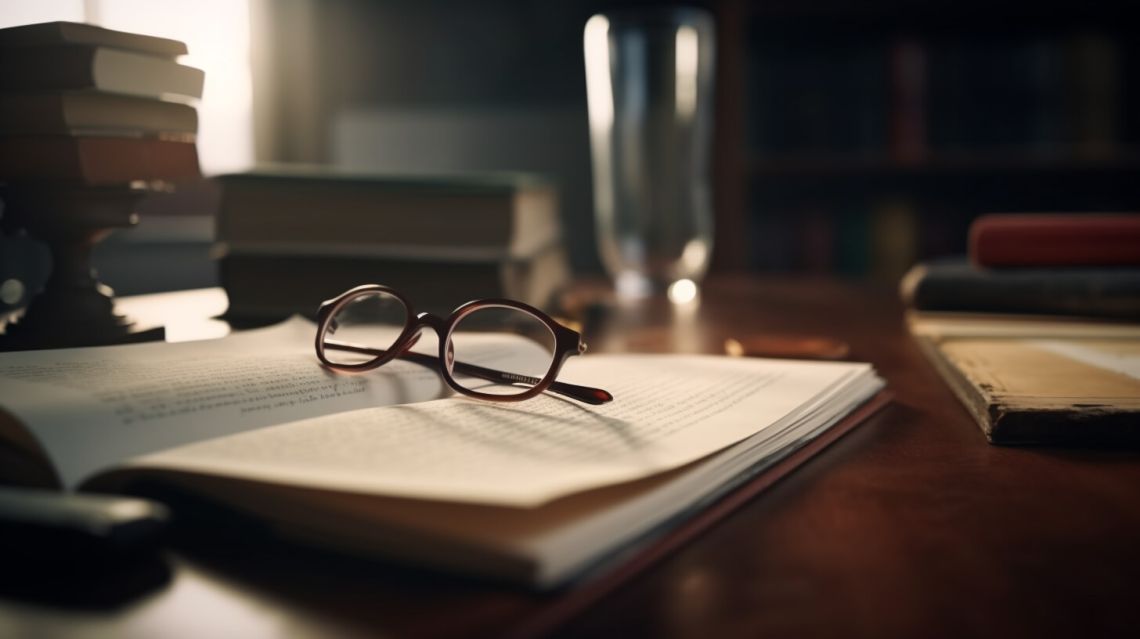 Glasögon ligger på en tjockt anteckningsblock