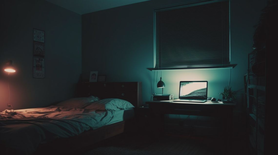 Ett sovrum med en laptop