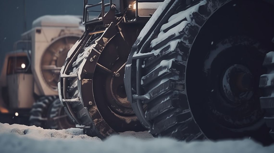 Tunga gruvmaskiner står parkerade i snön