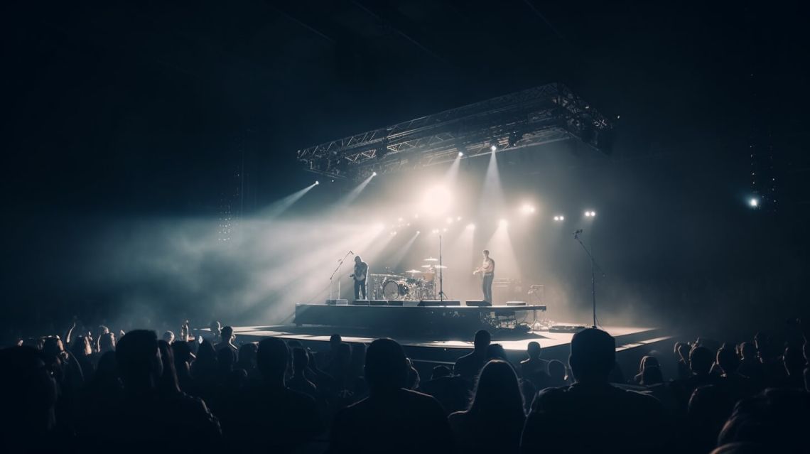 En konsert med scenljus och mycket publik