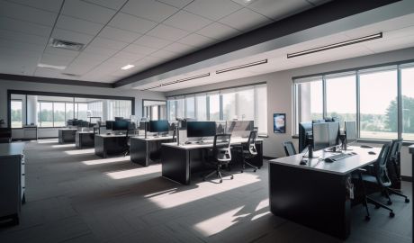 Ett modernt kontor med många skrivbord och stolar