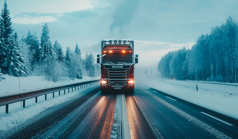 En lastbil med kylaggregat kör på vinter vägar i Sverige