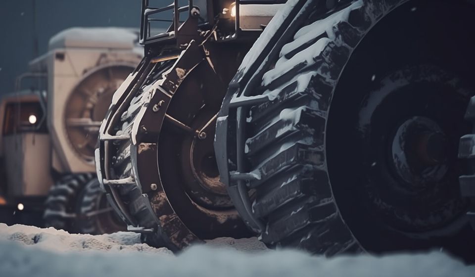 Tunga gruvmaskiner står parkerade i snön