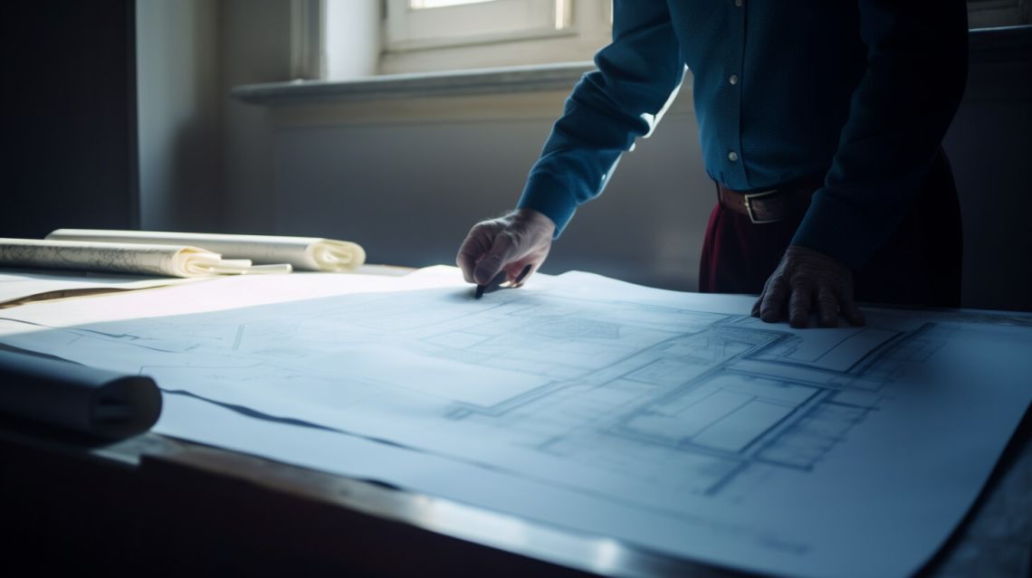 Arikitekt står vid en ritning och pekar