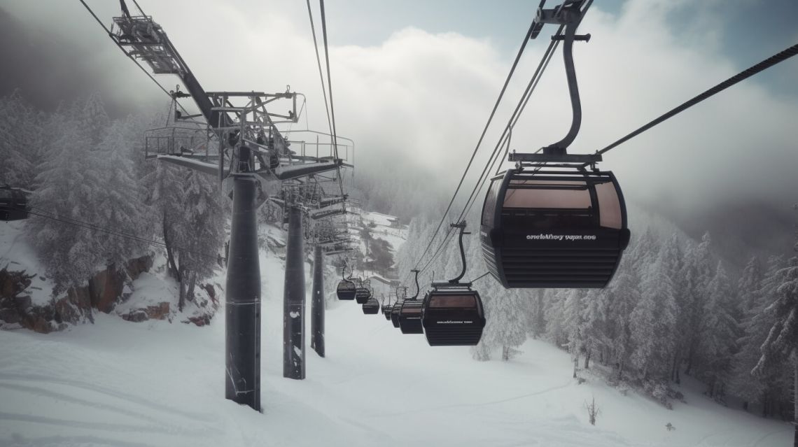 Liftar som åker i ett snölandskap