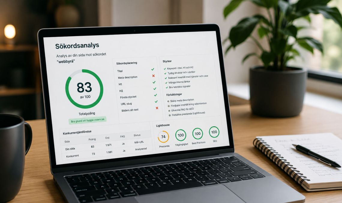 en laptop med Webbproffs sökordstestverktyg på skärmen