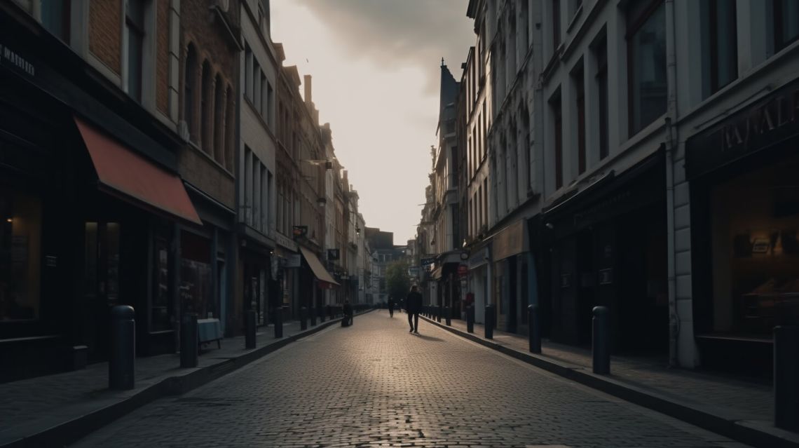 En stämmningsfull gata i Bryssels gator på kvällen