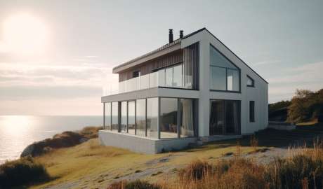 ett hus med stora fönster på svenska västkusten