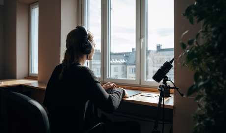 En kvinna spelar in podcast vid ett fönster i Göteborg